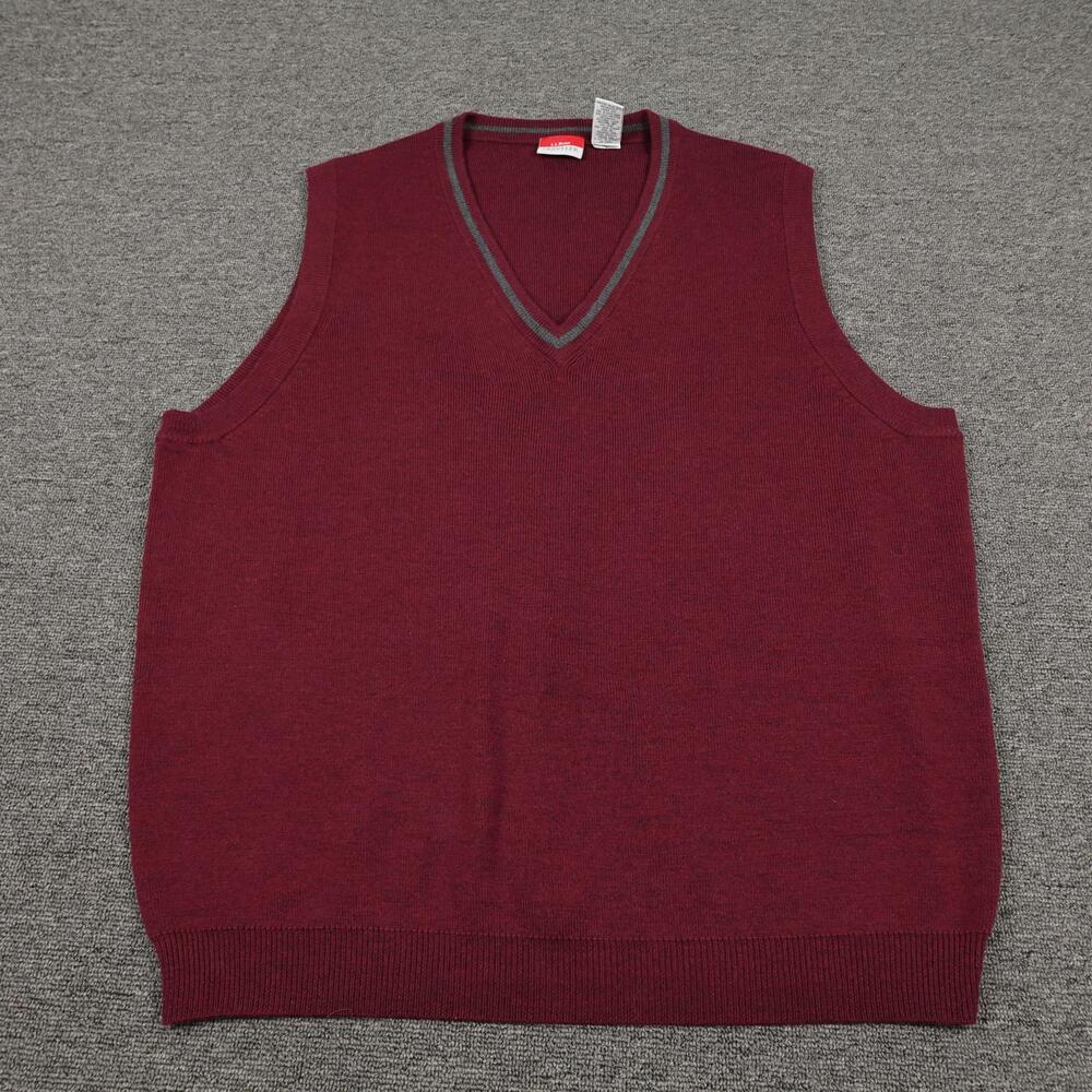 LL Bean Vest Mens LT Red 100% Merino Wool V Neck Sweater Knit Traveler Pullover